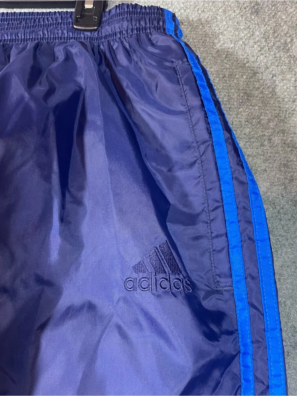 Vintage Men's adidas Y2K Navy Track Pants with Royal Blue Side Stripes